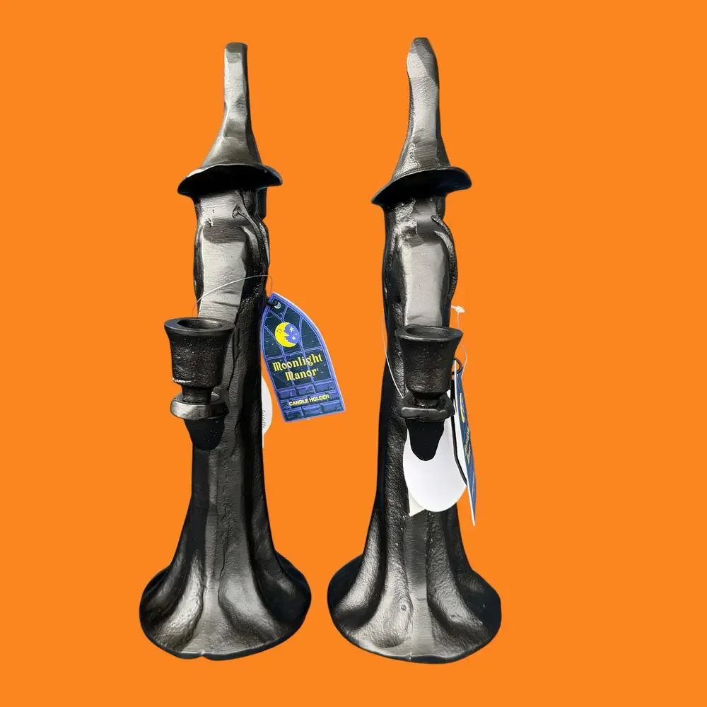 Moonlight Manor Witch Candle Holder Pair Black Metal Halloween Gothic Taper NWT